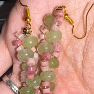 Green Aventurine, Pink glaze & Plum disk gemstone Beaded Earrings